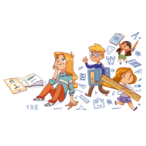 Ni&ntilde;os aprendiendo matem&aacute;ticas a leer, refuerzo escolar para infantil y primaria, ni&ntilde;o llevando una calculadora, ni&ntilde;a llevando una regla